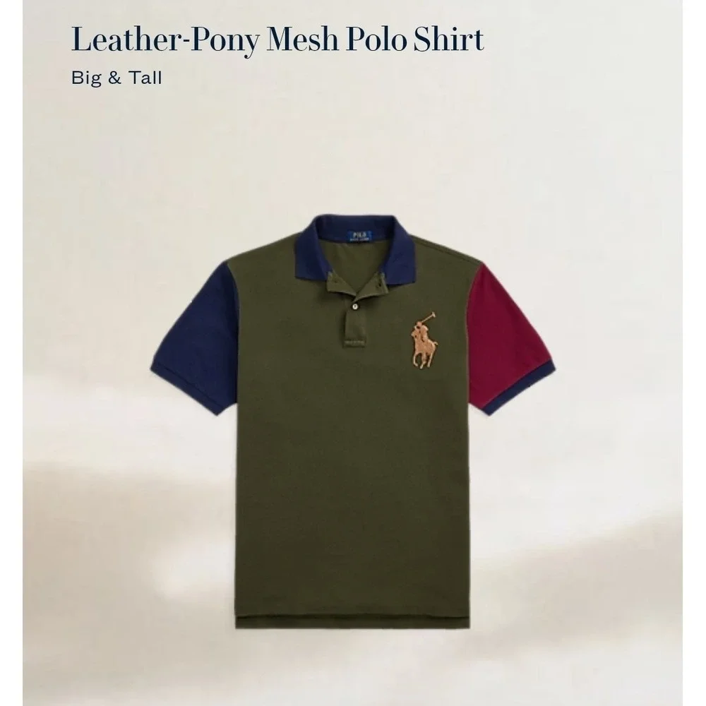 Polo Ralph Lauren Mesh Leather Big Pony Polo Shirt Men's Big & Tall 3XLT NWT